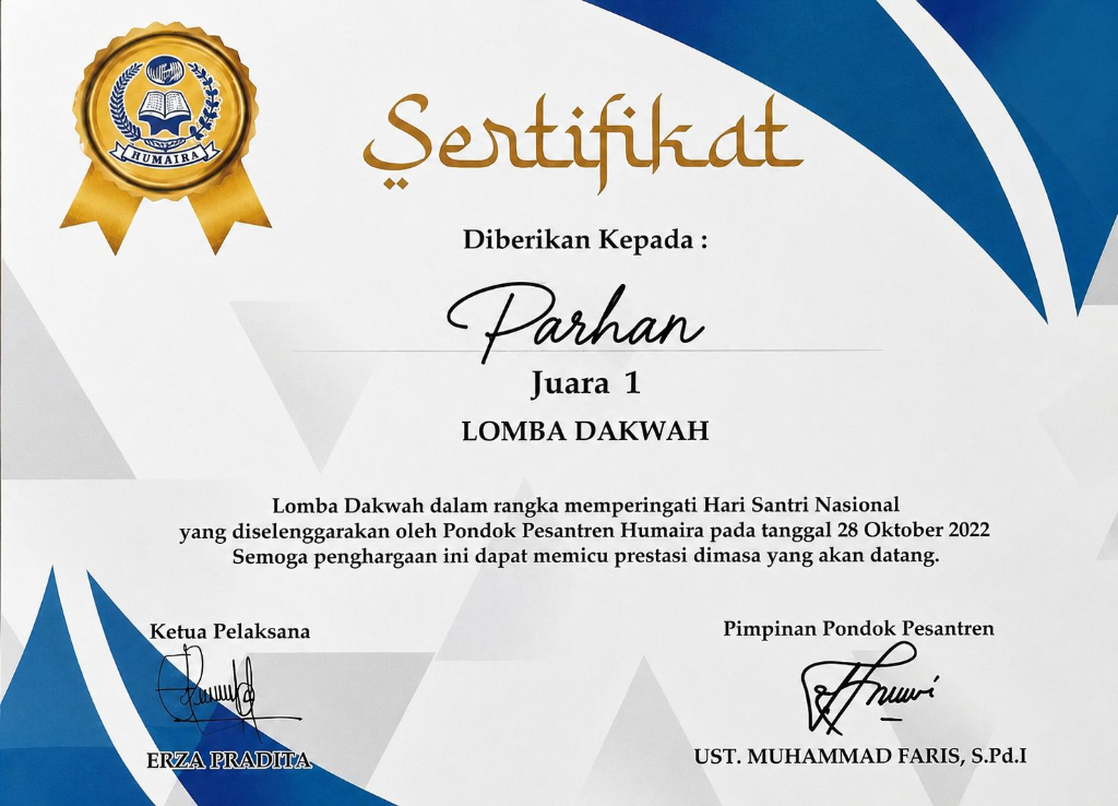 Sertifikat Juara I Lomba Dakwah Hari Santri