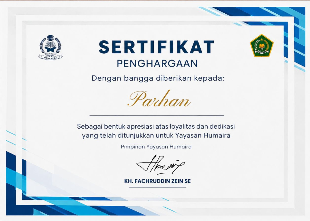 Sertifikat Loyalitas & Dedikasi Yayasan Humaira