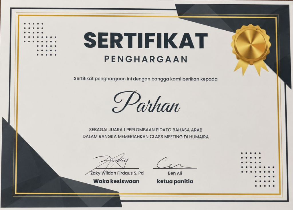 Sertifikat Juara I Lomba Pidato Bahasa Arab Class Meeting