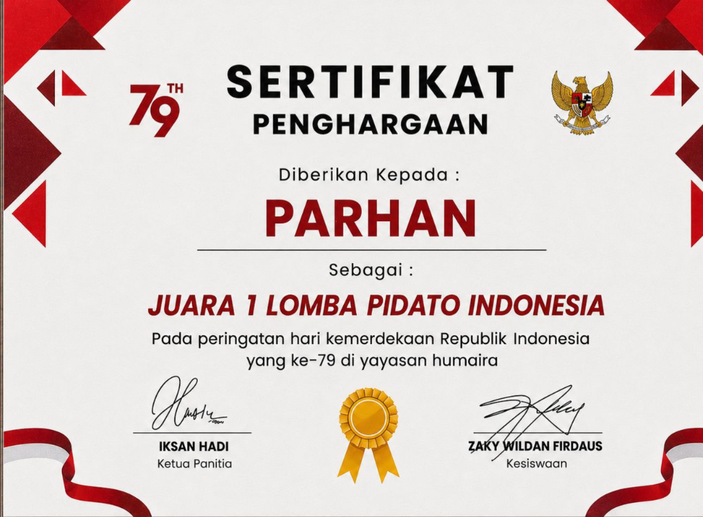 Sertifikat Juara I Lomba Pidato Indonesia HUT RI Ke-79